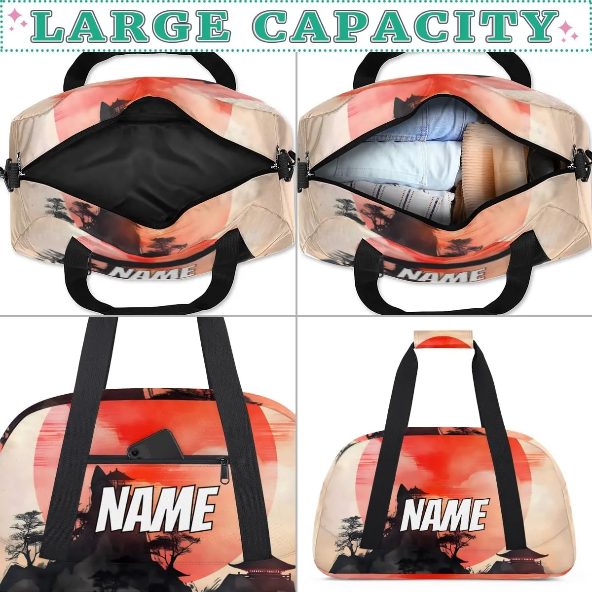 Custom Japanese Mountain Sports Gym Bag Personalized Red Sun Mountain Name Travel Duffel Bag Customized Weekender Overnight Bags for Women Men
