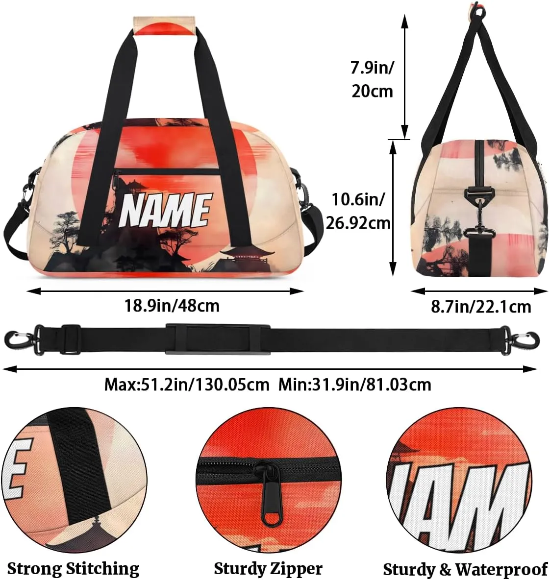 Custom Japanese Mountain Sports Gym Bag Personalized Red Sun Mountain Name Travel Duffel Bag Customized Weekender Overnight Bags for Women Men