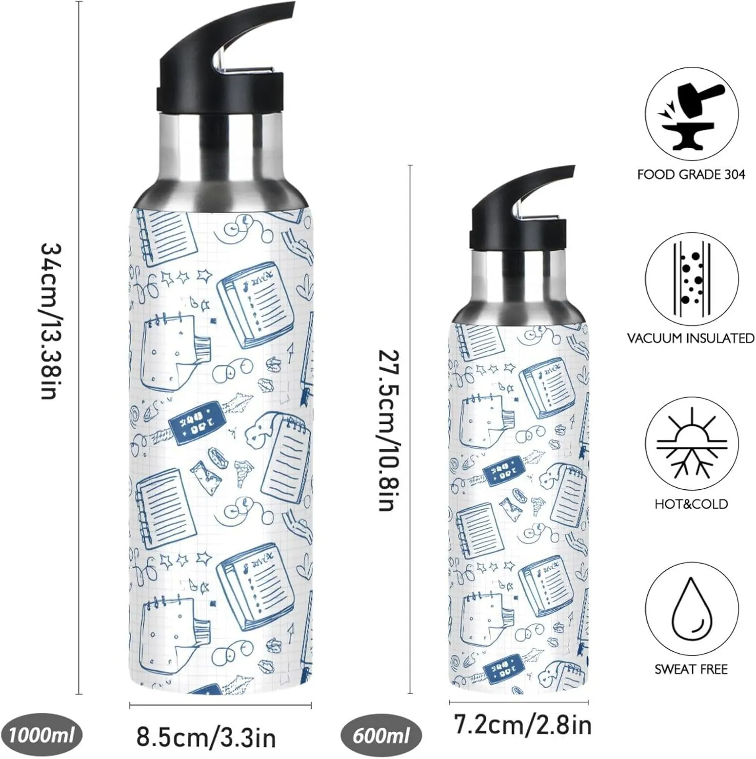Cute Notebook Sports Water Bottle with Straw, 22oz BPA Free Stainless Steel Vacuum Insulated Bottle for Gym Fitness Outdoor