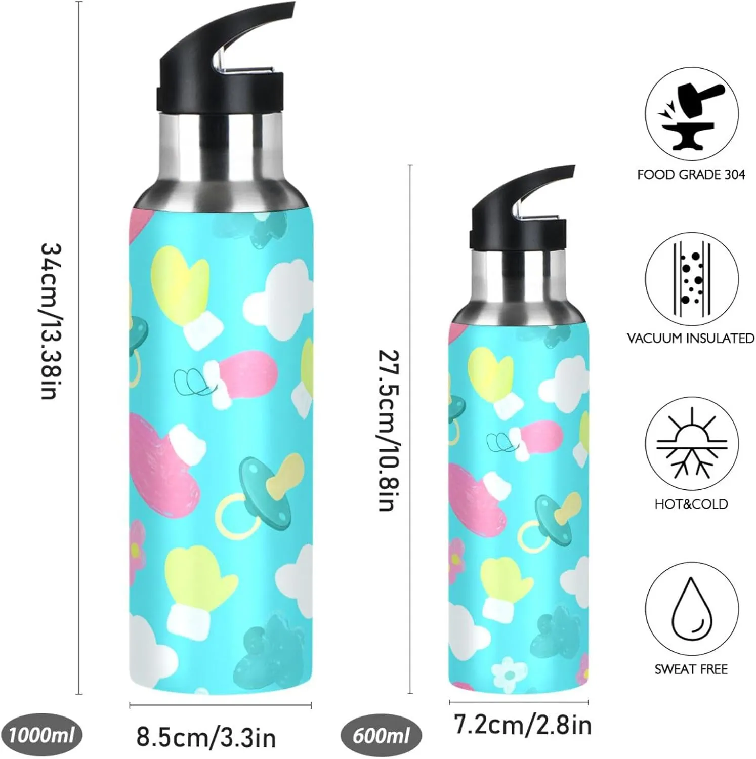 Cute Patterns Sports Water Bottle with Straw, 22oz BPA Free Stainless Steel Vacuum Insulated Bottle for Gym Fitness Outdoor