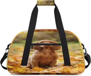 Cute Puppy Gym Duffel Bag for Men Women Maple Leaf Sports Tote Bag with Adjustable Shoulder Strap for Dance Gymnastics Traveling Outdoor Camping Overnight Stay