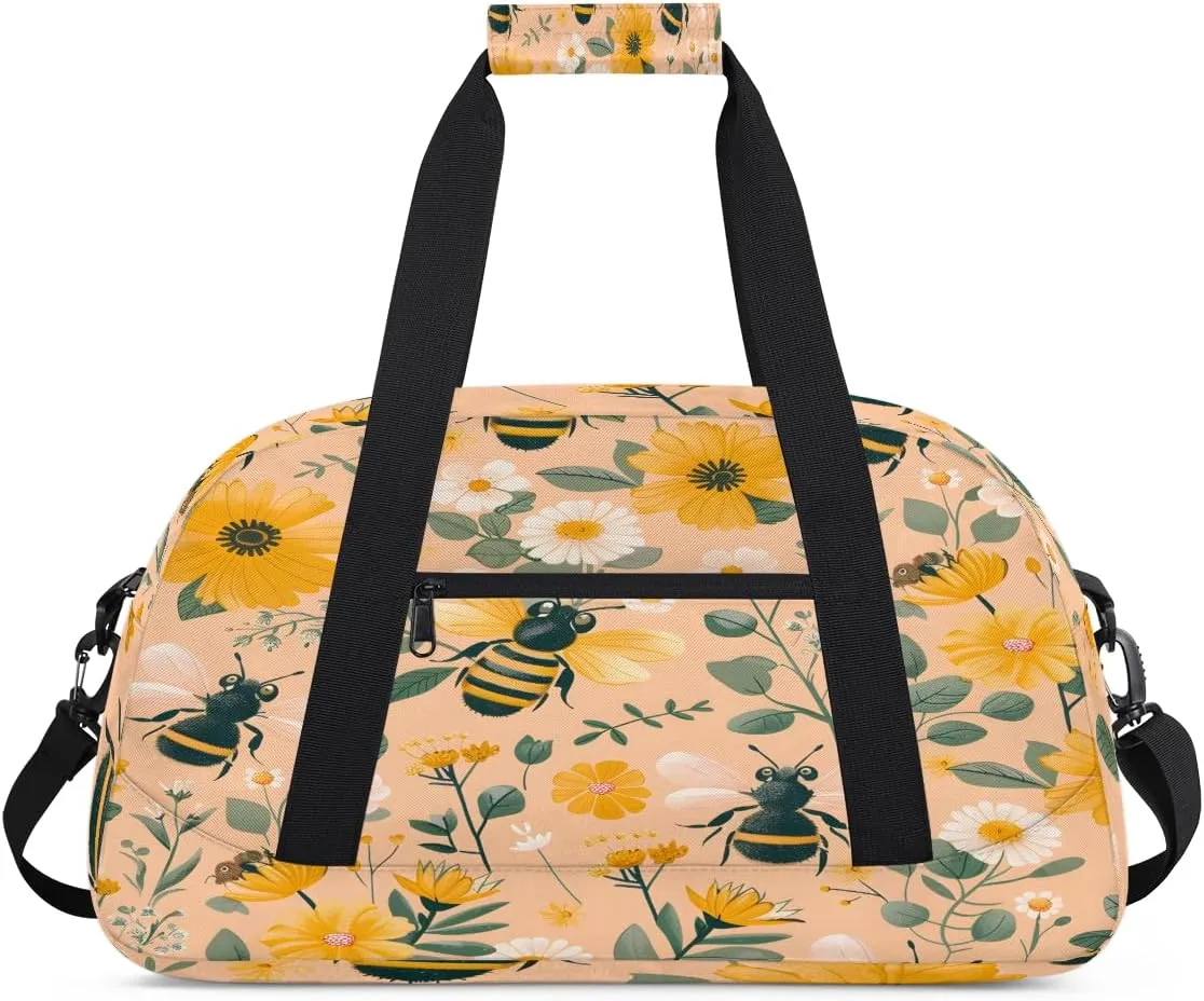 Daisy Bee Pattern Kids Overnighter Duffel Bags for Boys, Carry-On Size Sports Gym Bag with Front Zipper Pocket for School Practice or Overnight Travel Weekender Sleepover Tote Bag