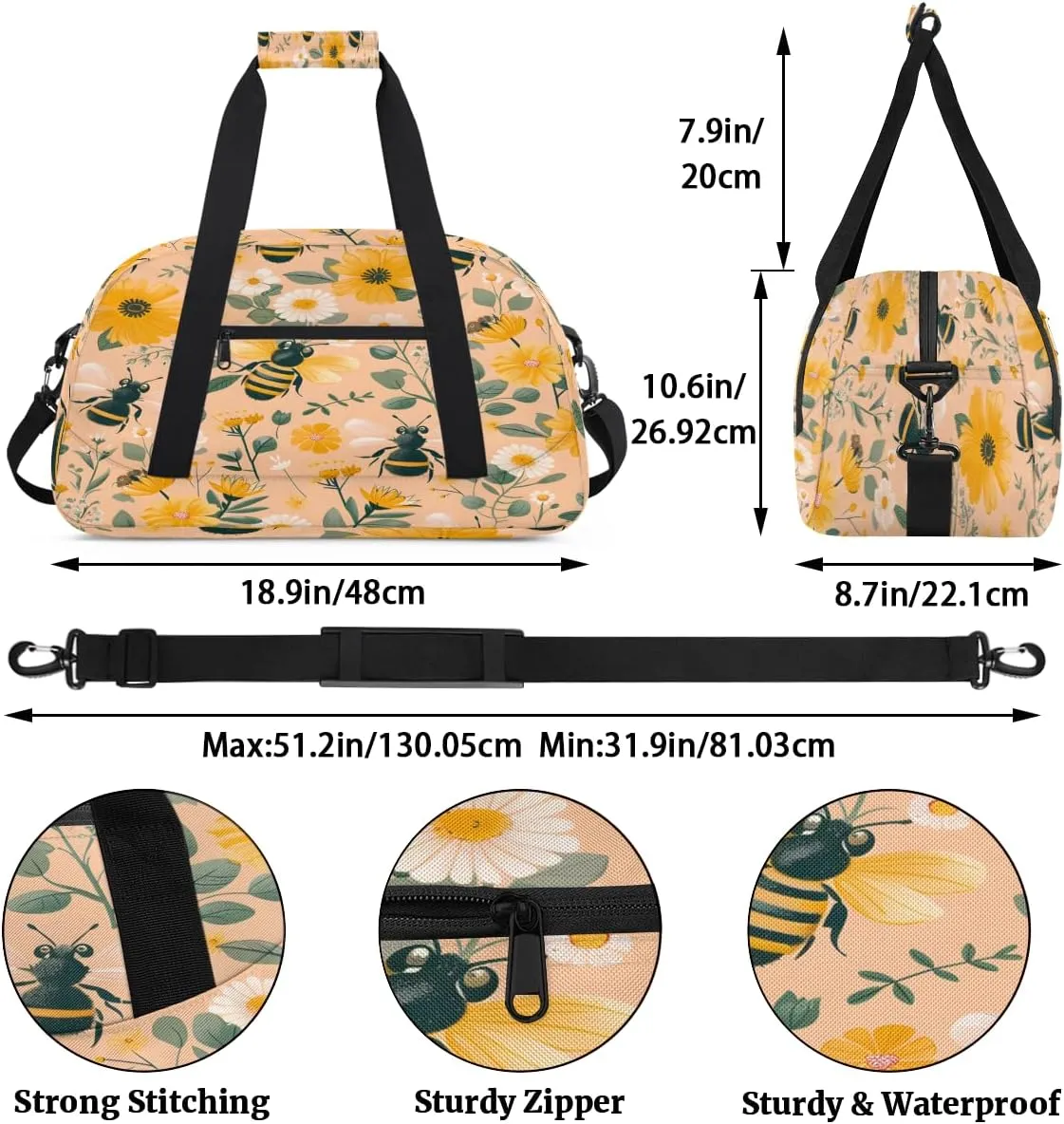 Daisy Bee Pattern Kids Overnighter Duffel Bags for Boys, Carry-On Size Sports Gym Bag with Front Zipper Pocket for School Practice or Overnight Travel Weekender Sleepover Tote Bag