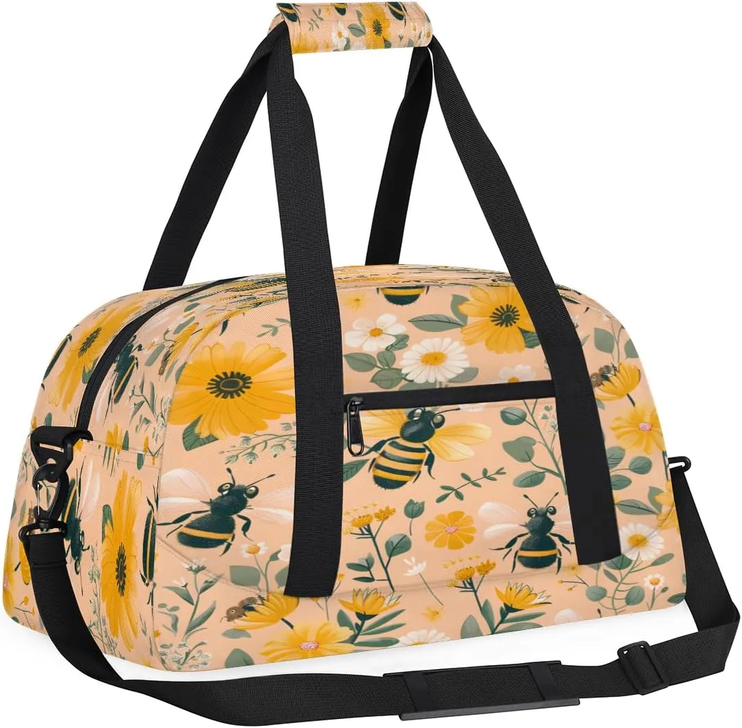Daisy Bee Pattern Kids Overnighter Duffel Bags for Boys, Carry-On Size Sports Gym Bag with Front Zipper Pocket for School Practice or Overnight Travel Weekender Sleepover Tote Bag