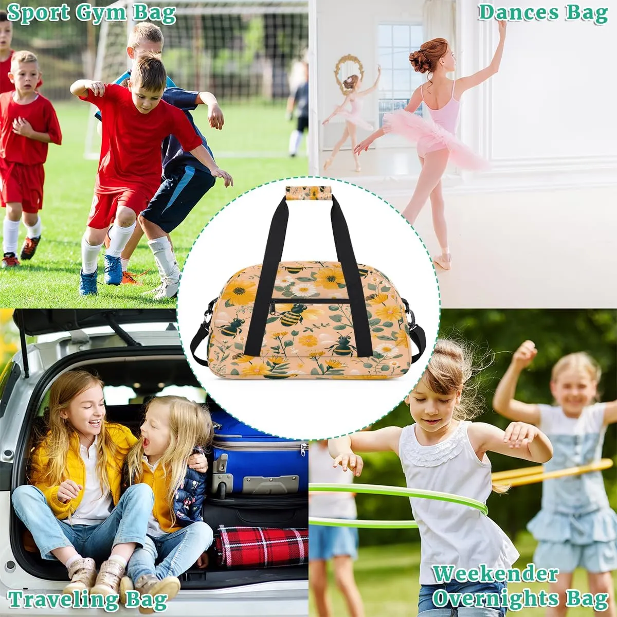 Daisy Bee Pattern Kids Overnighter Duffel Bags for Boys, Carry-On Size Sports Gym Bag with Front Zipper Pocket for School Practice or Overnight Travel Weekender Sleepover Tote Bag