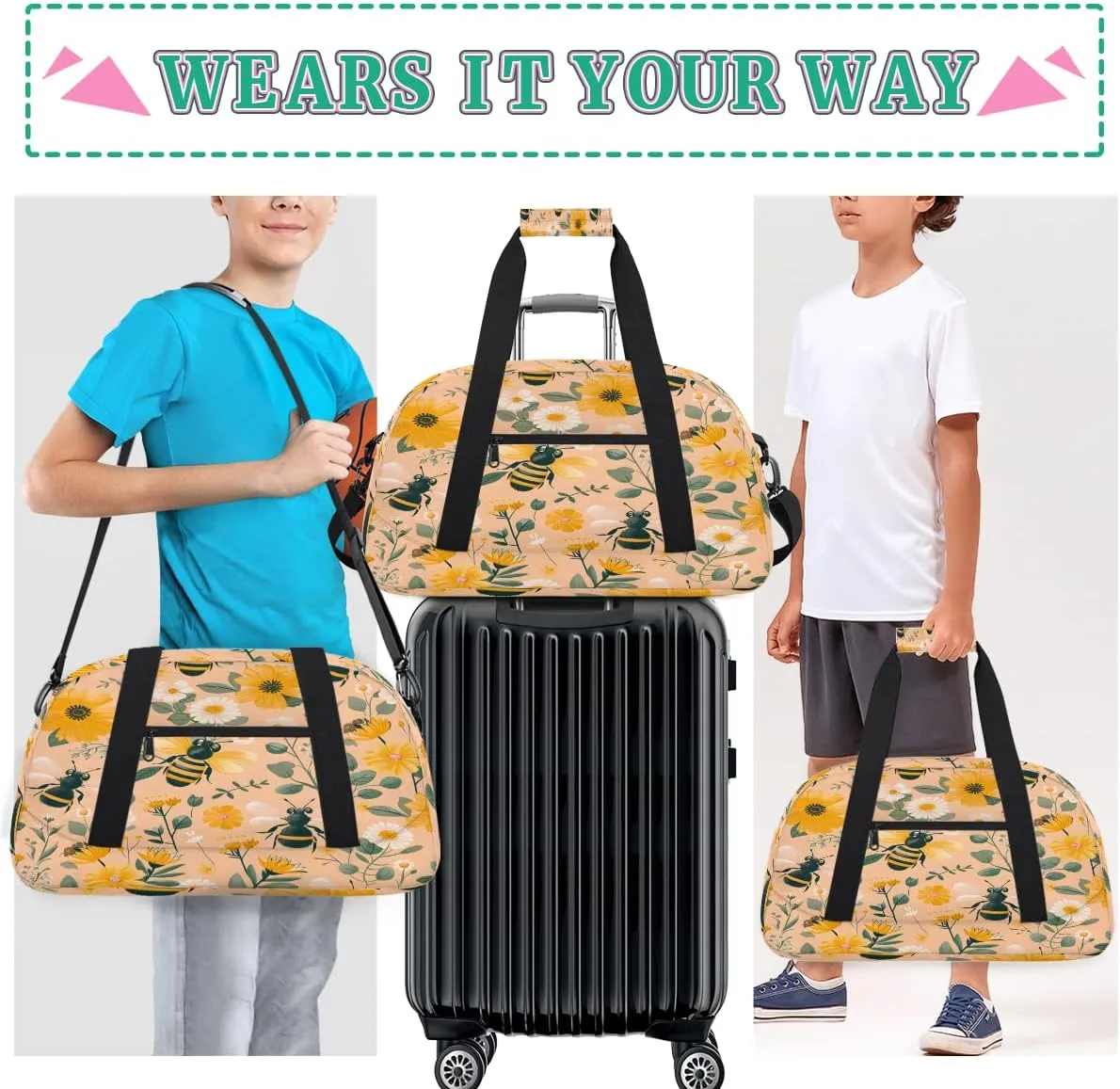 Daisy Bee Pattern Kids Overnighter Duffel Bags for Boys, Carry-On Size Sports Gym Bag with Front Zipper Pocket for School Practice or Overnight Travel Weekender Sleepover Tote Bag