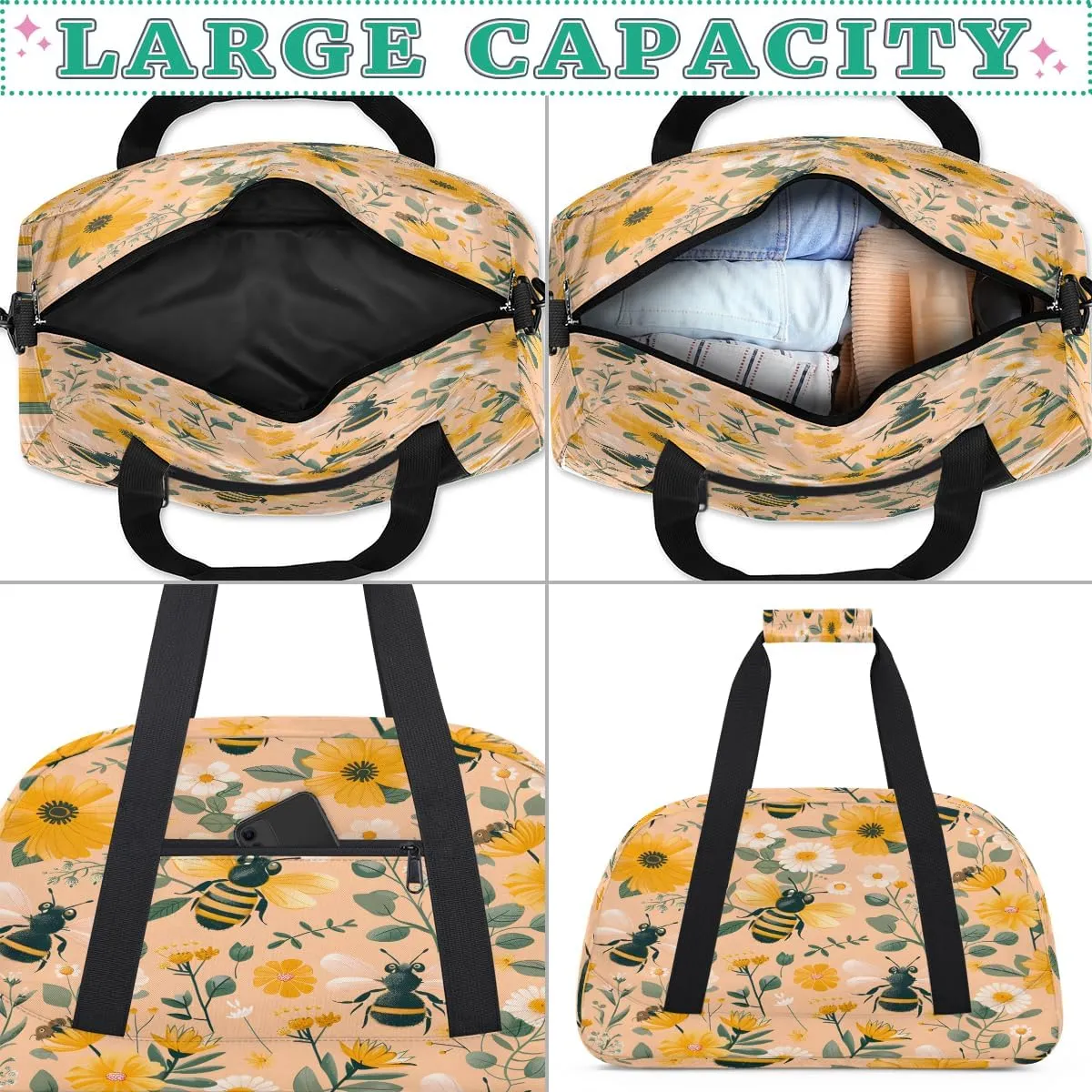 Daisy Bee Pattern Kids Overnighter Duffel Bags for Boys, Carry-On Size Sports Gym Bag with Front Zipper Pocket for School Practice or Overnight Travel Weekender Sleepover Tote Bag