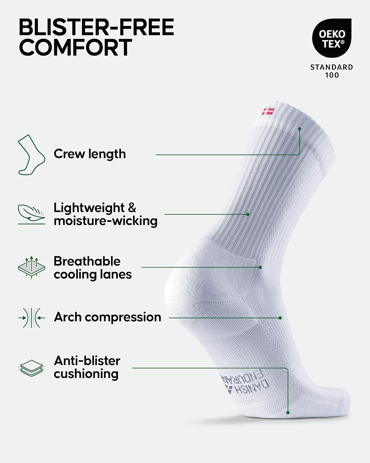 DANISH ENDURANCE Cushioned Running Socks for Long Distances, Crew Length, Anti-Blister for Men & Women, 3 and 5 Pack