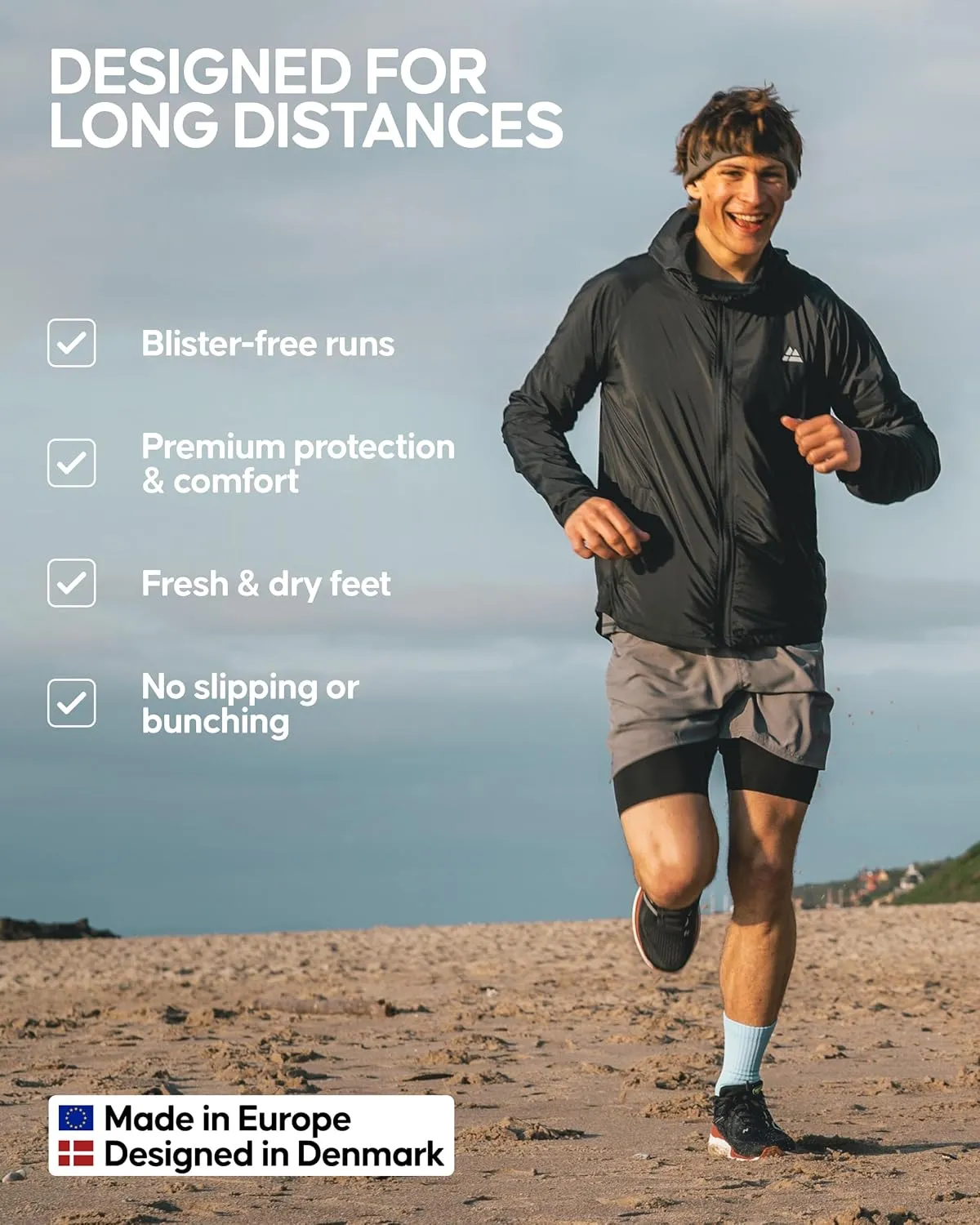 DANISH ENDURANCE Cushioned Running Socks for Long Distances, Crew Length, Anti-Blister for Men & Women, 3 and 5 Pack