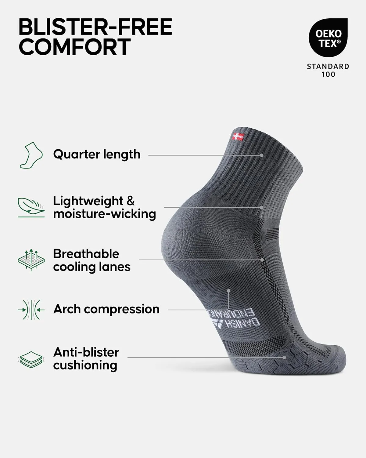 DANISH ENDURANCE Cushioned Running Socks for Long Distances, Quarter Length, Anti-Blister for Men & Women, 3 and 5 Pack