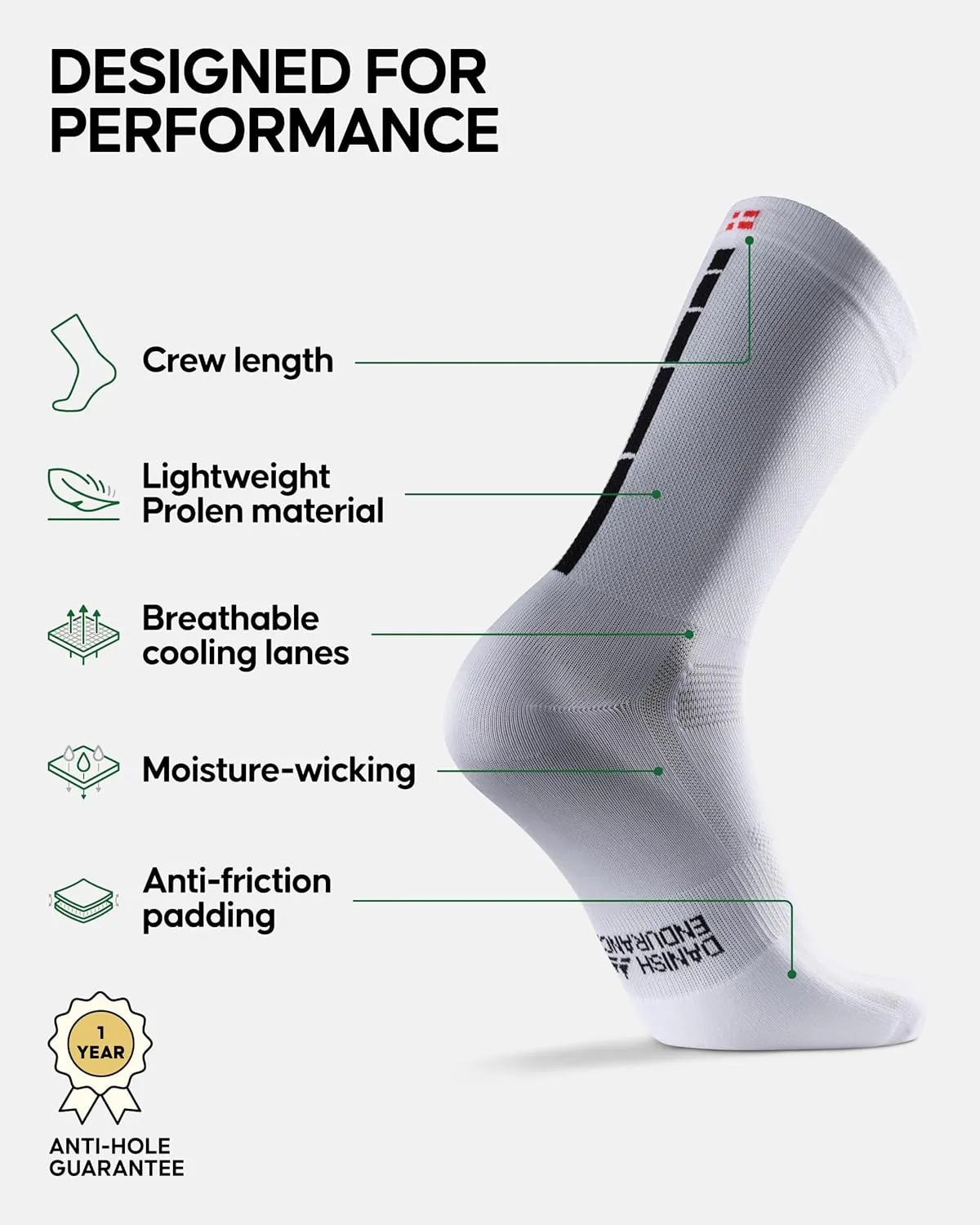DANISH ENDURANCE Cycling Socks, Crew Length, Breathable, and Cushioned Bike Socks, for Men & Women, Unisex, 3-Pack