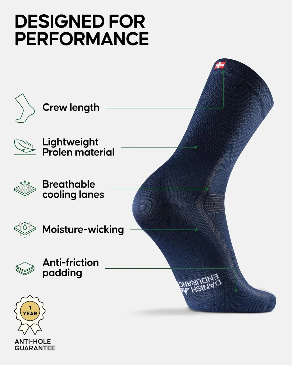 DANISH ENDURANCE Cycling Socks, Crew Length, Breathable, and Cushioned Bike Socks, for Men & Women, Unisex, 3-Pack