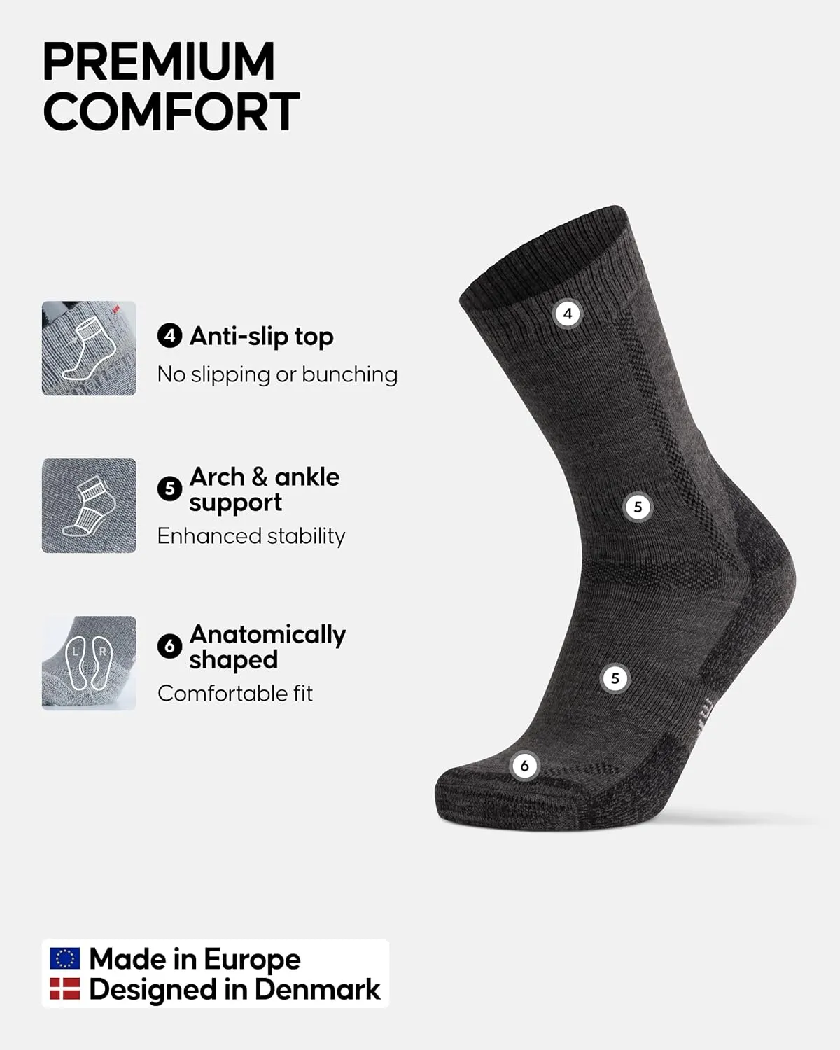DANISH ENDURANCE Merino Wool Hiking Crew Socks for Men & Women, Cushioned Anti-Blister, Breathable - 3 Pairs