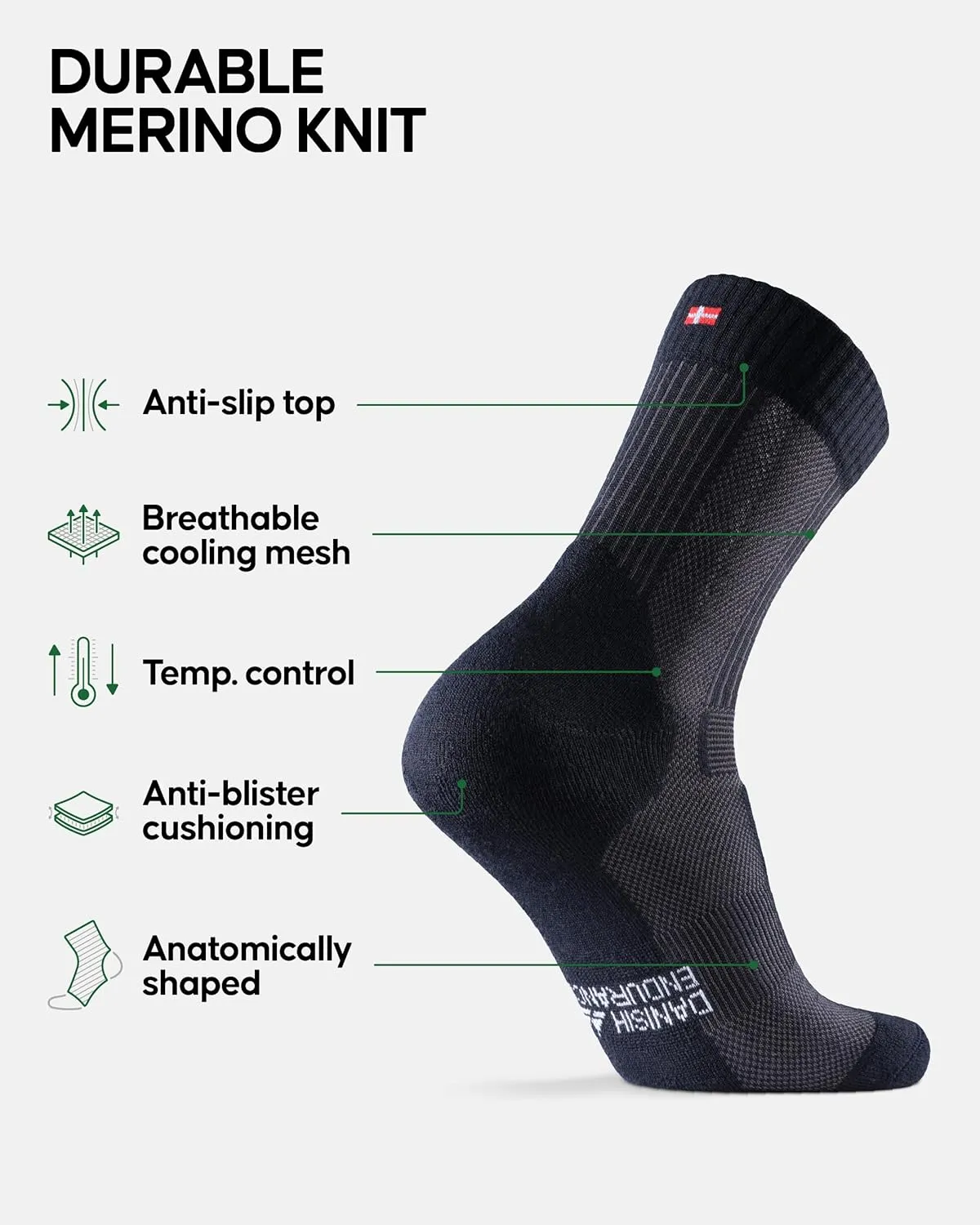 DANISH ENDURANCE Merino Wool Light Hiking Socks, Cushioned & Moisture Wicking Hiking Socks, Men, Women & Kids, 3 or 5 Pack