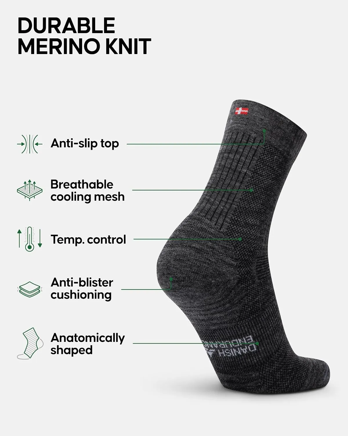 DANISH ENDURANCE Merino Wool Light Hiking Socks, Cushioned & Moisture Wicking Hiking Socks, Men, Women & Kids, 3 or 5 Pack