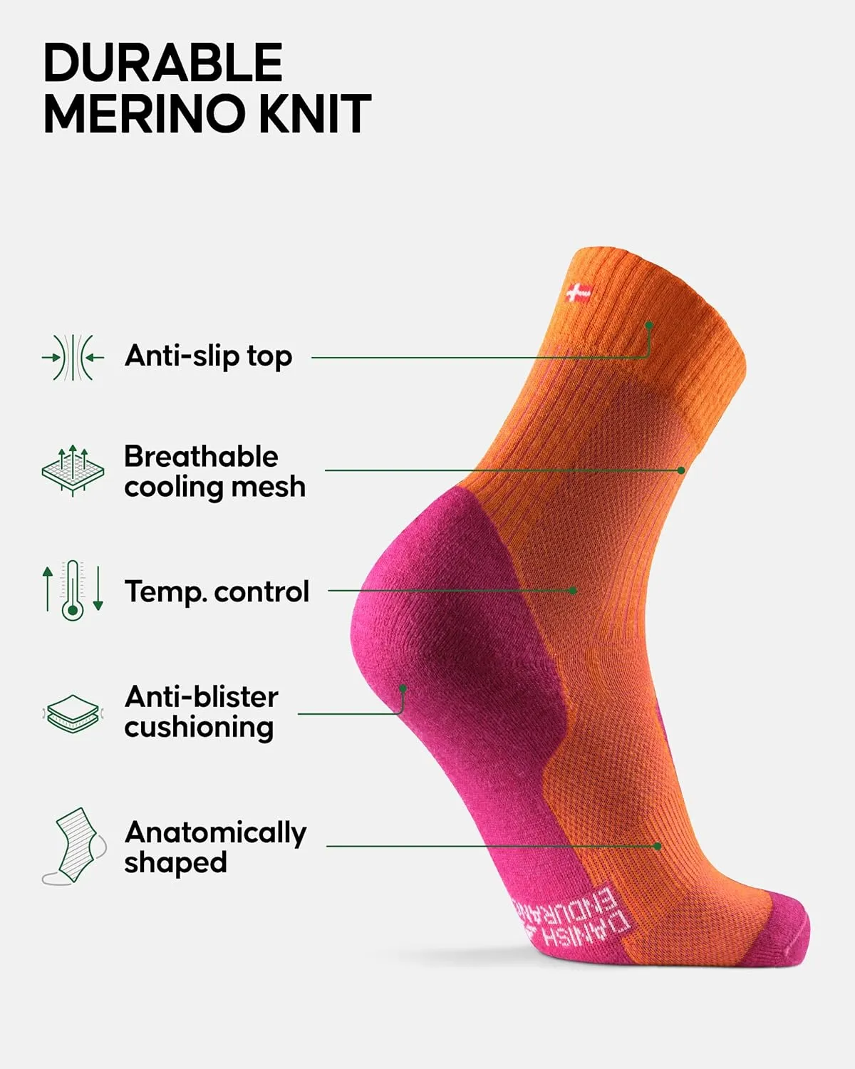 DANISH ENDURANCE Merino Wool Light Hiking Socks, Cushioned & Moisture Wicking Hiking Socks, Men, Women & Kids, 3 or 5 Pack