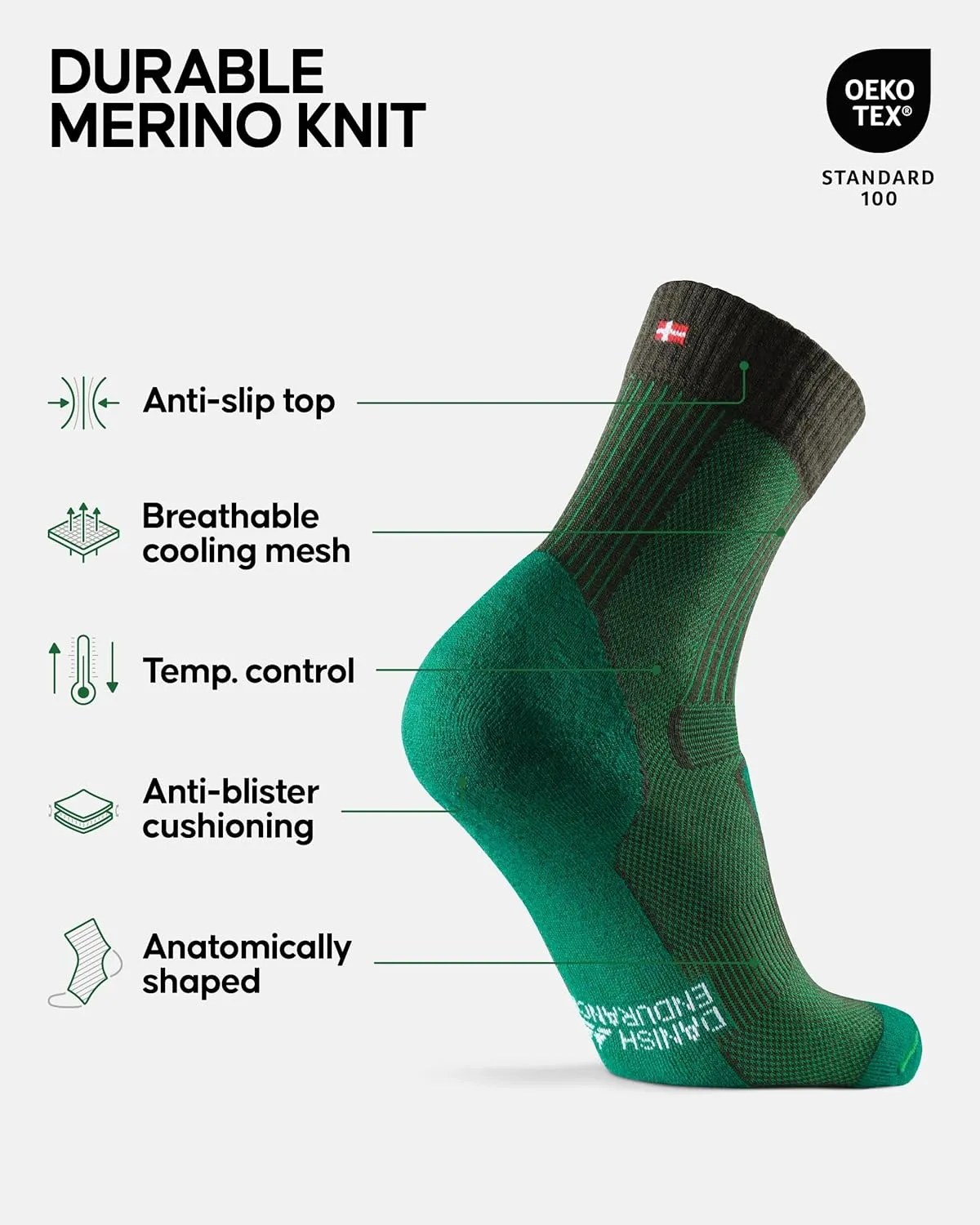 DANISH ENDURANCE Merino Wool Light Hiking Socks, Cushioned & Moisture Wicking Hiking Socks, Men, Women & Kids, 3 or 5 Pack