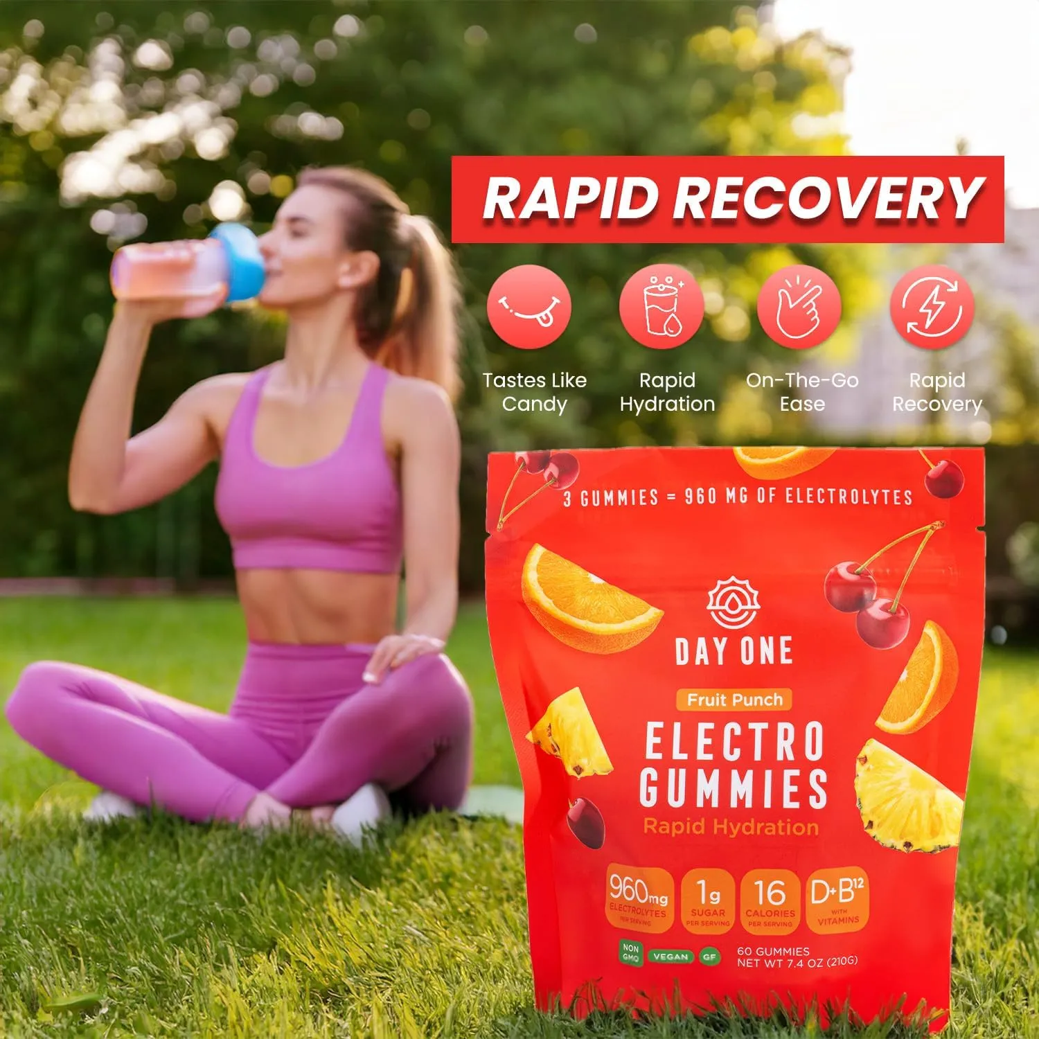 Day One Electrogummies Fruit Punch - Electrolyte Gummies for Runner, Athlete, POTS & Everyday Use - Hydration Gummies with Essential Electrolytes - Alternative to Powders, Tablets, Chews - 60 Gummies