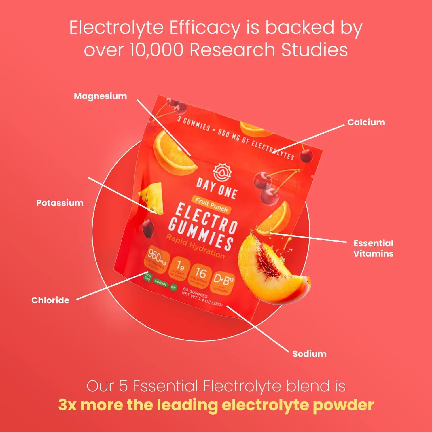 Day One Electrogummies Fruit Punch - Electrolyte Gummies for Runner, Athlete, POTS & Everyday Use - Hydration Gummies with Essential Electrolytes - Alternative to Powders, Tablets, Chews - 60 Gummies