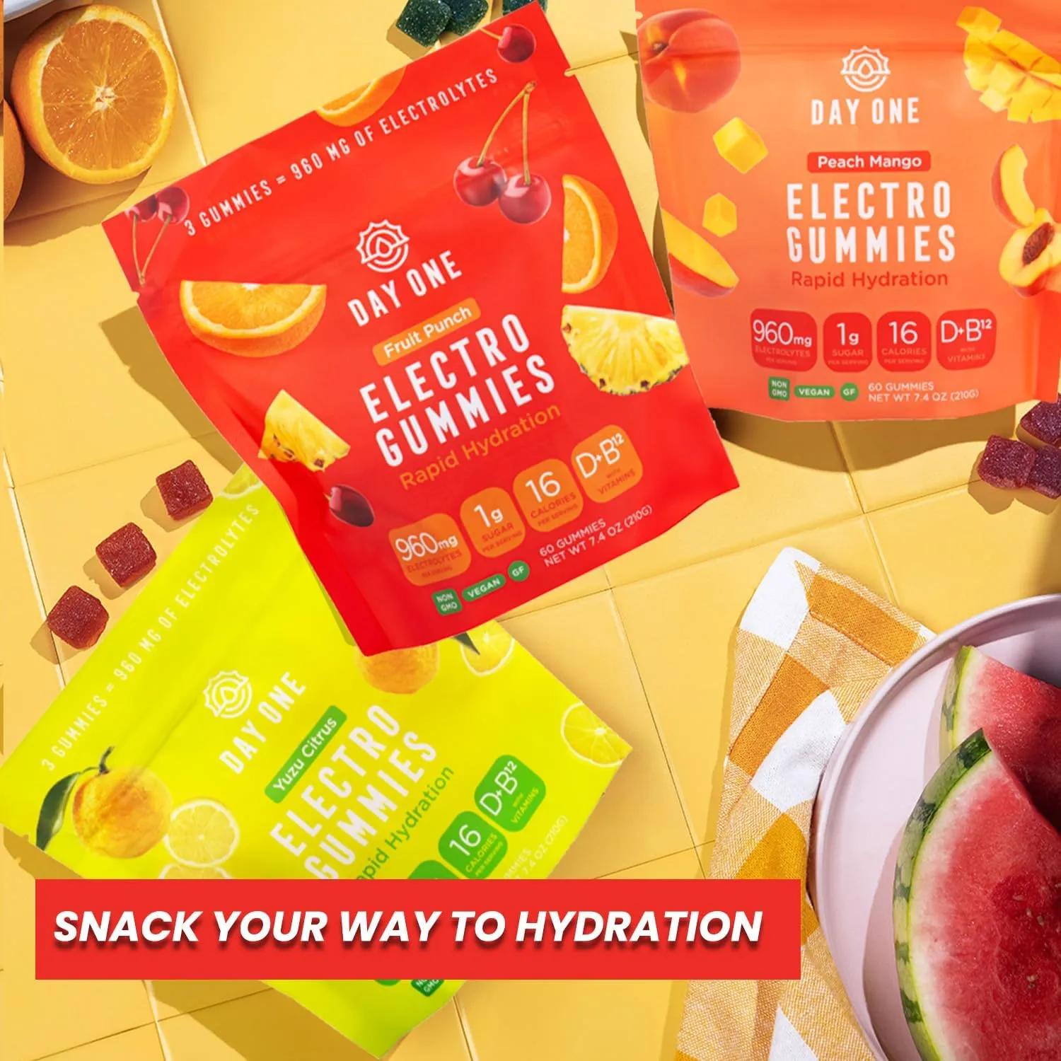 Day One Electrogummies Fruit Punch - Electrolyte Gummies for Runner, Athlete, POTS & Everyday Use - Hydration Gummies with Essential Electrolytes - Alternative to Powders, Tablets, Chews - 60 Gummies