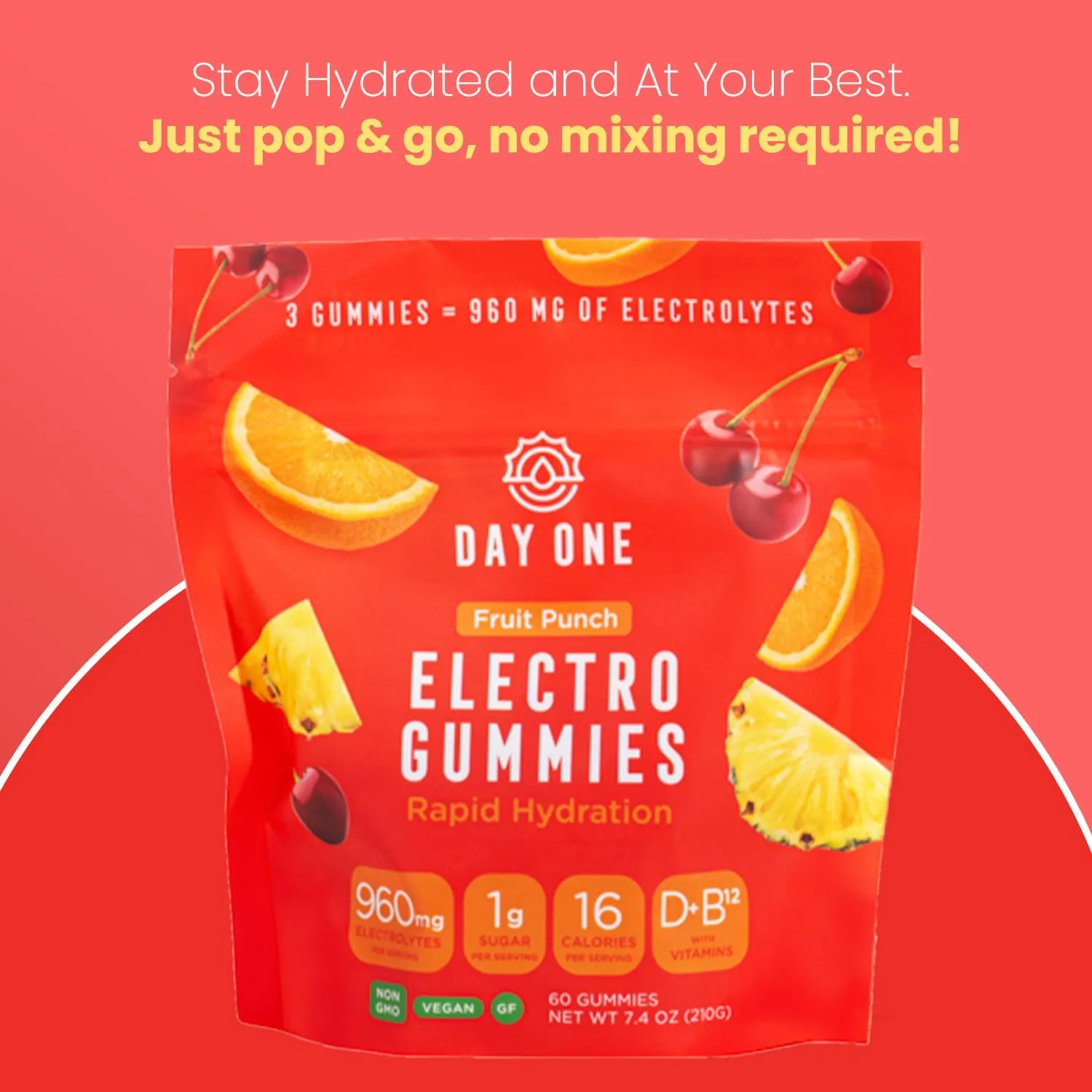 Day One Electrogummies Fruit Punch - Electrolyte Gummies for Runner, Athlete, POTS & Everyday Use - Hydration Gummies with Essential Electrolytes - Alternative to Powders, Tablets, Chews - 60 Gummies