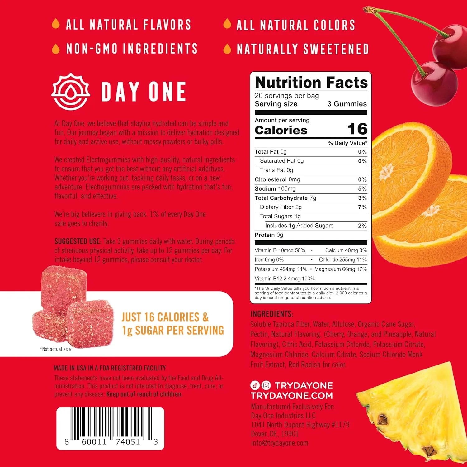 Day One Electrogummies Fruit Punch - Electrolyte Gummies for Runner, Athlete, POTS & Everyday Use - Hydration Gummies with Essential Electrolytes - Alternative to Powders, Tablets, Chews - 60 Gummies