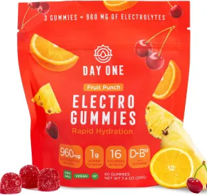 Day One Electrogummies Fruit Punch - Electrolyte Gummies for Runner, Athlete, POTS & Everyday Use - Hydration Gummies with Essential Electrolytes - Alternative to Powders, Tablets, Chews - 60 Gummies