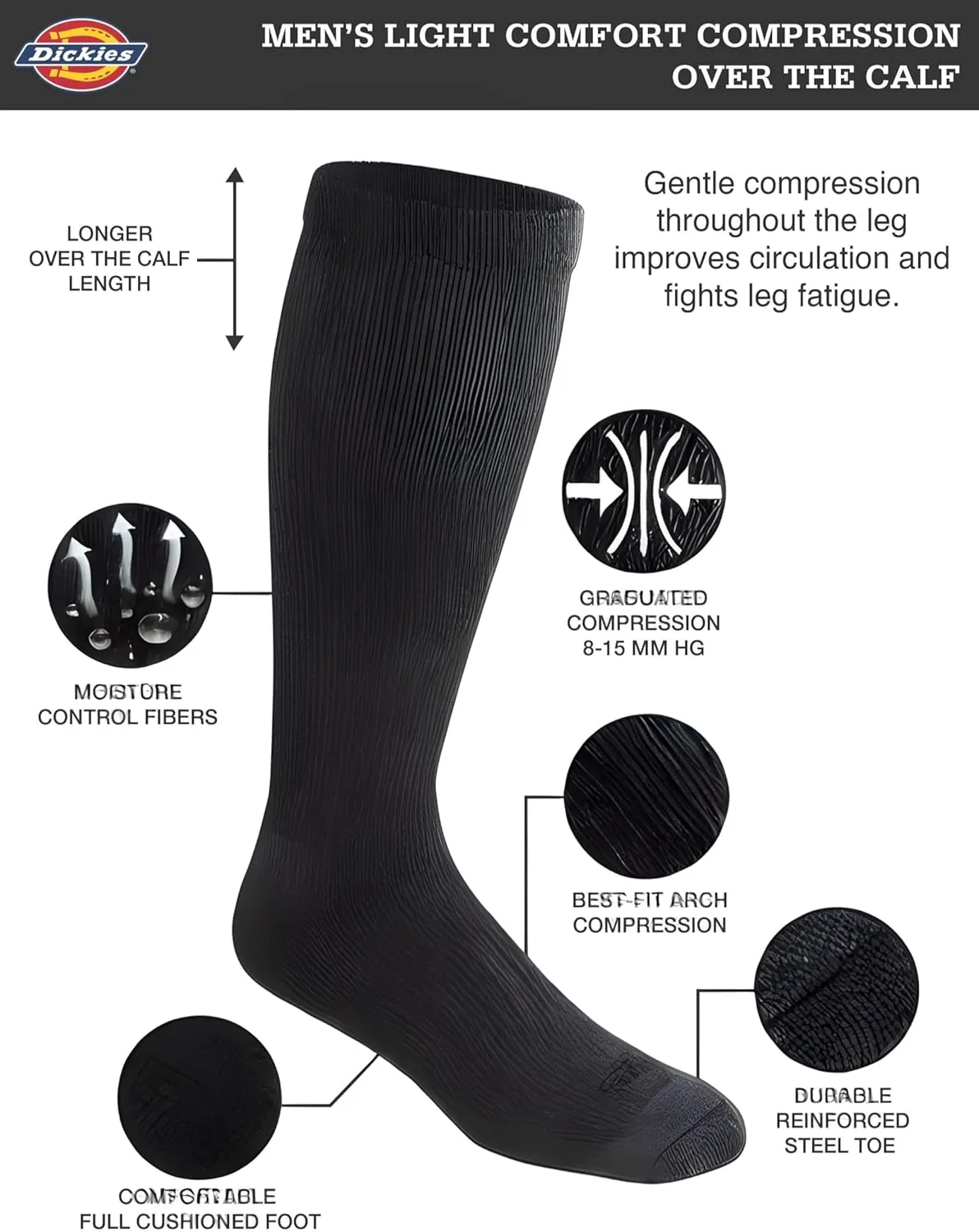 Dickies Men's Light Compression Comfort Over-The-Calf Socks, Available in M-XXL (2, 4 Pairs)