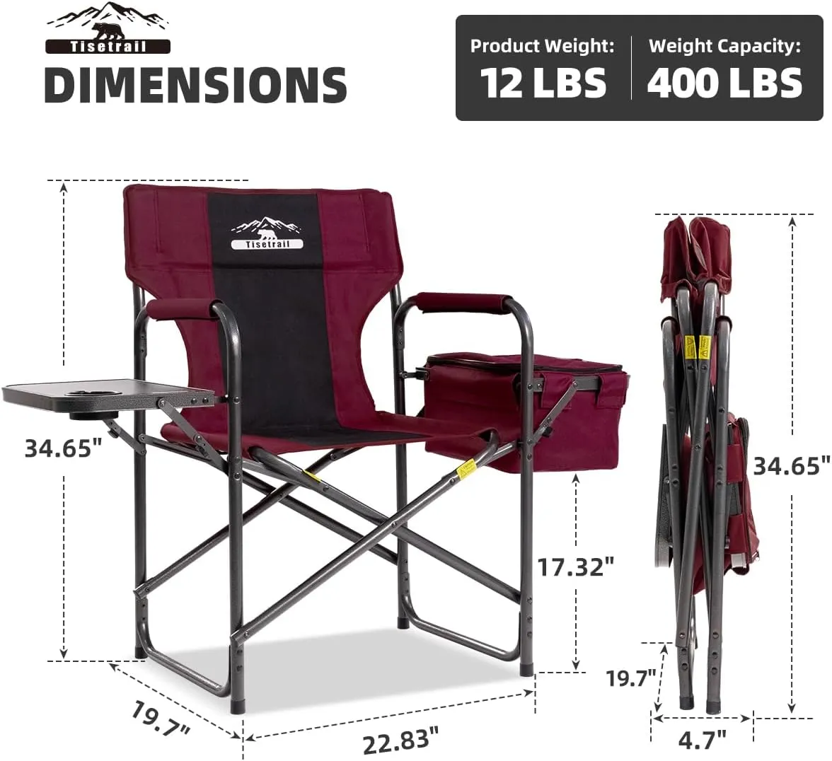 Director Camping Chairs with Cooler Bag & Foldable Side Tray - Set of 4 Heavy-Duty Outdoor Folding Lawn Chairs (400lbs Capacity, Wine Red)