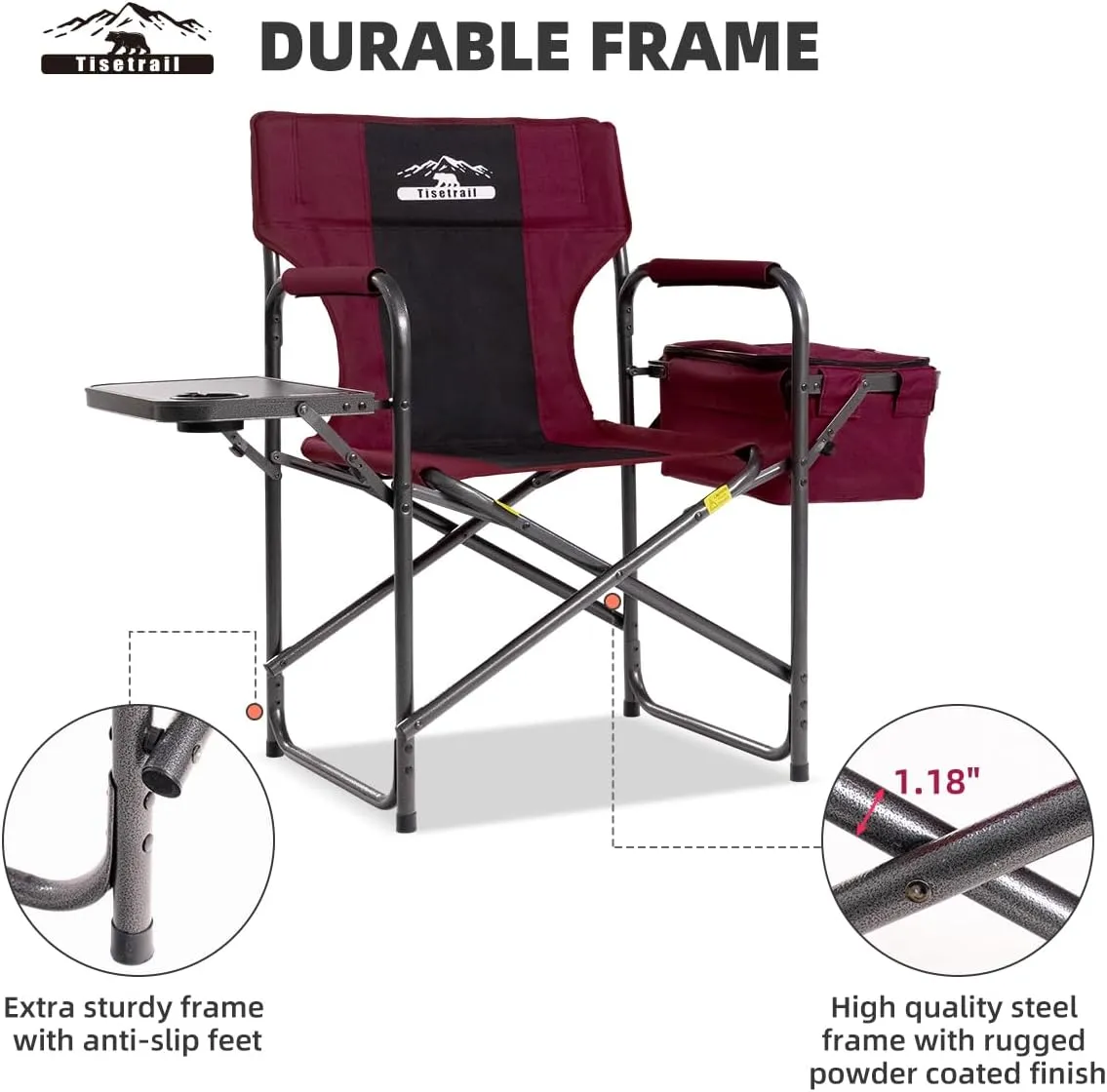 Director Camping Chairs with Cooler Bag & Foldable Side Tray - Set of 4 Heavy-Duty Outdoor Folding Lawn Chairs (400lbs Capacity, Wine Red)
