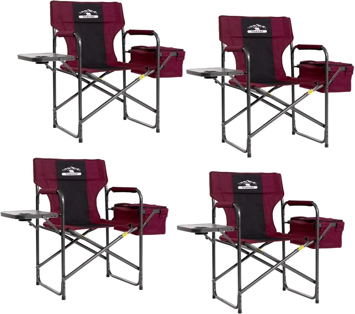 Director Camping Chairs with Cooler Bag & Foldable Side Tray - Set of 4 Heavy-Duty Outdoor Folding Lawn Chairs (400lbs Capacity, Wine Red)