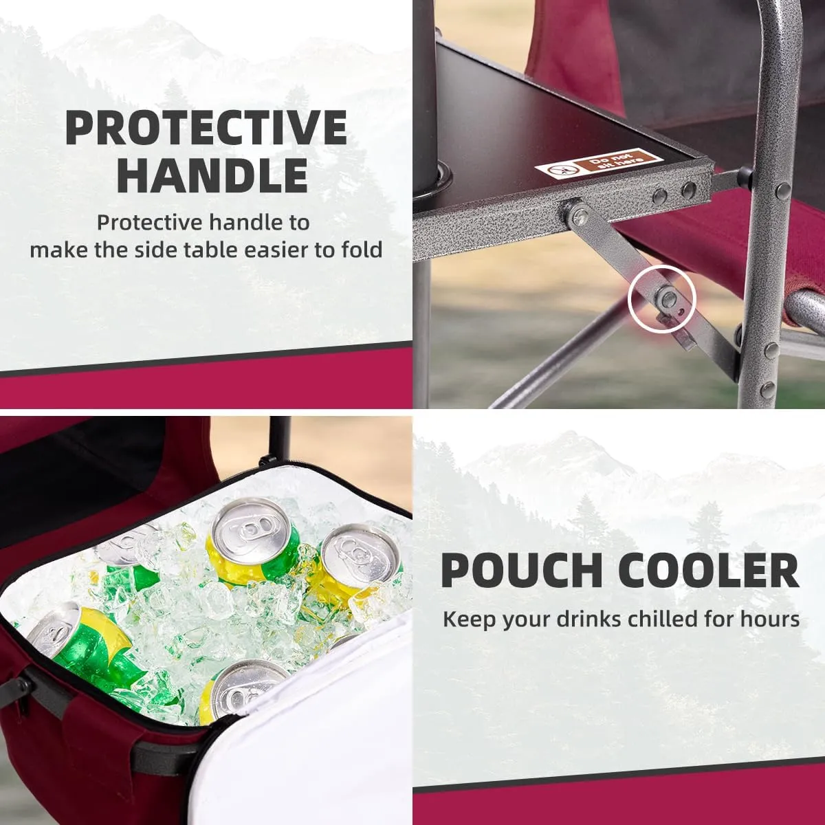 Director Camping Chairs with Cooler Bag & Foldable Side Tray - Set of 4 Heavy-Duty Outdoor Folding Lawn Chairs (400lbs Capacity, Wine Red)
