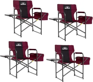 Director Camping Chairs with Cooler Bag & Foldable Side Tray - Set of 4 Heavy-Duty Outdoor Folding Lawn Chairs (400lbs Capacity, Wine Red)