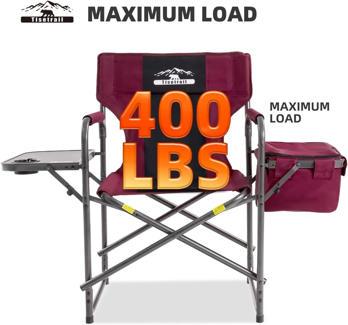 Director Camping Chairs with Cooler Bag & Foldable Side Tray - Set of 4 Heavy-Duty Outdoor Folding Lawn Chairs (400lbs Capacity, Wine Red)