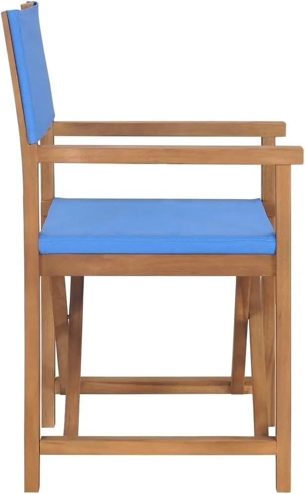 Director's Chair Solid Teak Wood Blue Folding Chair Outdoor Patio Chairs Camping Lounge Chair Outdoor Furniture with Armrests for Garden or Balcony