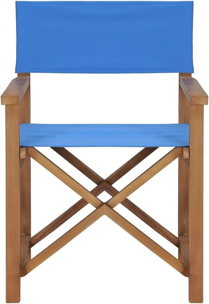 Director's Chair Solid Teak Wood Blue Folding Chair Outdoor Patio Chairs Camping Lounge Chair Outdoor Furniture with Armrests for Garden or Balcony