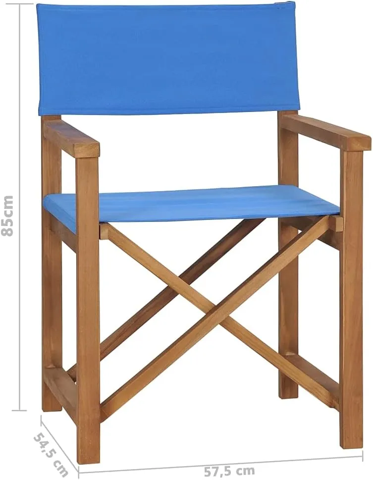 Director's Chair Solid Teak Wood Blue Folding Chair Outdoor Patio Chairs Camping Lounge Chair Outdoor Furniture with Armrests for Garden or Balcony