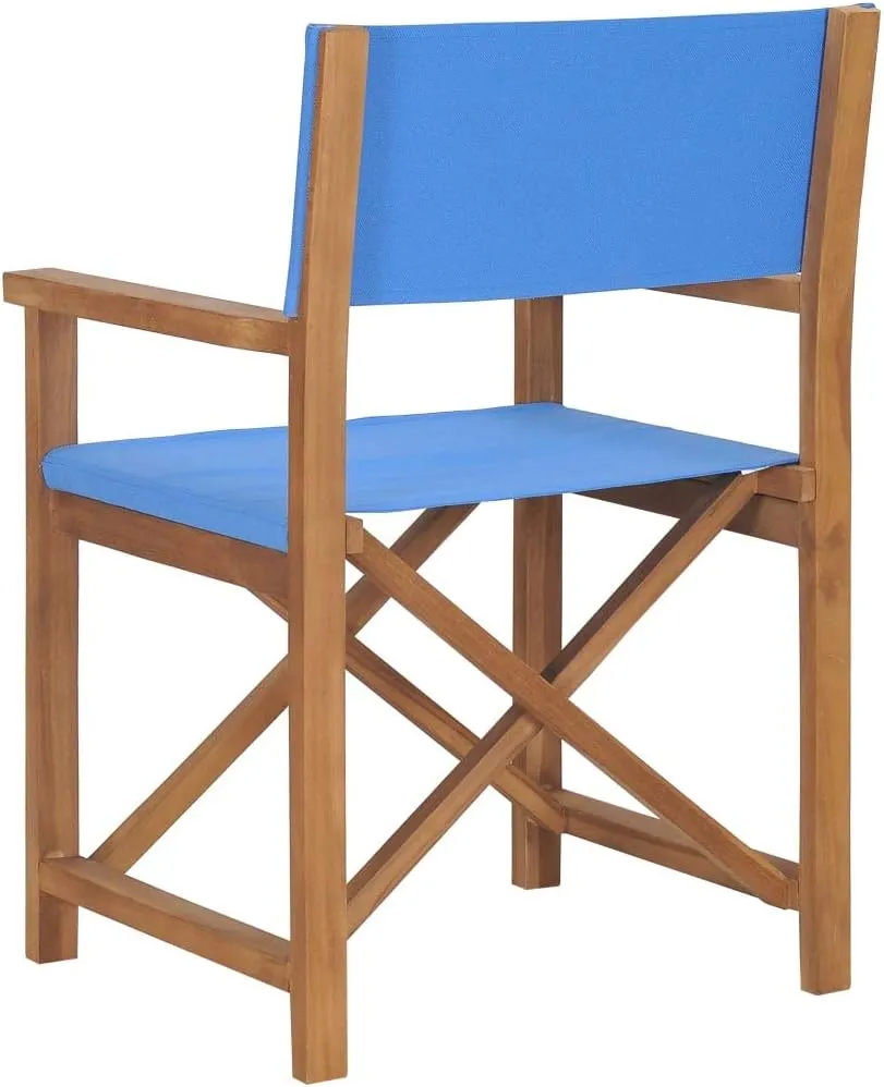 Director's Chair Solid Teak Wood Blue Folding Chair Outdoor Patio Chairs Camping Lounge Chair Outdoor Furniture with Armrests for Garden or Balcony