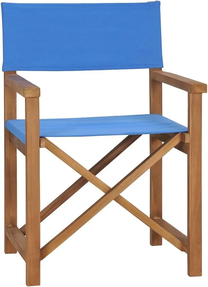 Director's Chair Solid Teak Wood Blue Folding Chair Outdoor Patio Chairs Camping Lounge Chair Outdoor Furniture with Armrests for Garden or Balcony