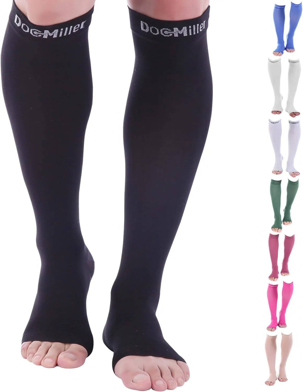 Doc Miller Open Toe Compression Socks for Men and Women, 15-20 mmHg, Calf Recovery, Medical Grade, Black Socks, Medium