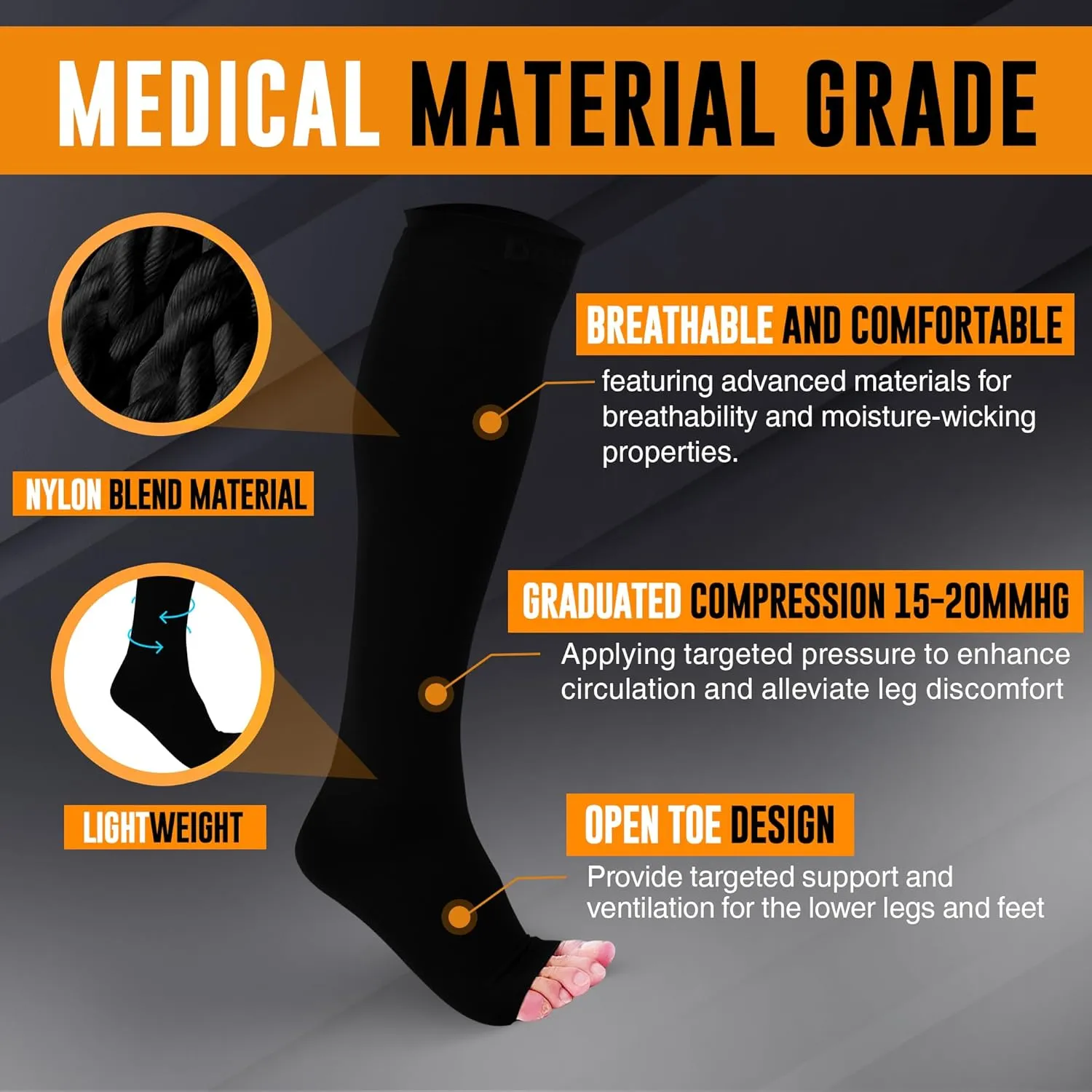 Doc Miller Open Toe Compression Socks for Men and Women, 15-20 mmHg, Calf Recovery, Medical Grade, Black Socks, Medium