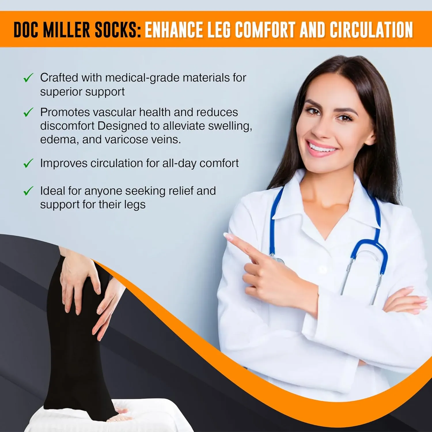Doc Miller Open Toe Compression Socks for Men and Women, 15-20 mmHg, Calf Recovery, Medical Grade, Black Socks, Medium