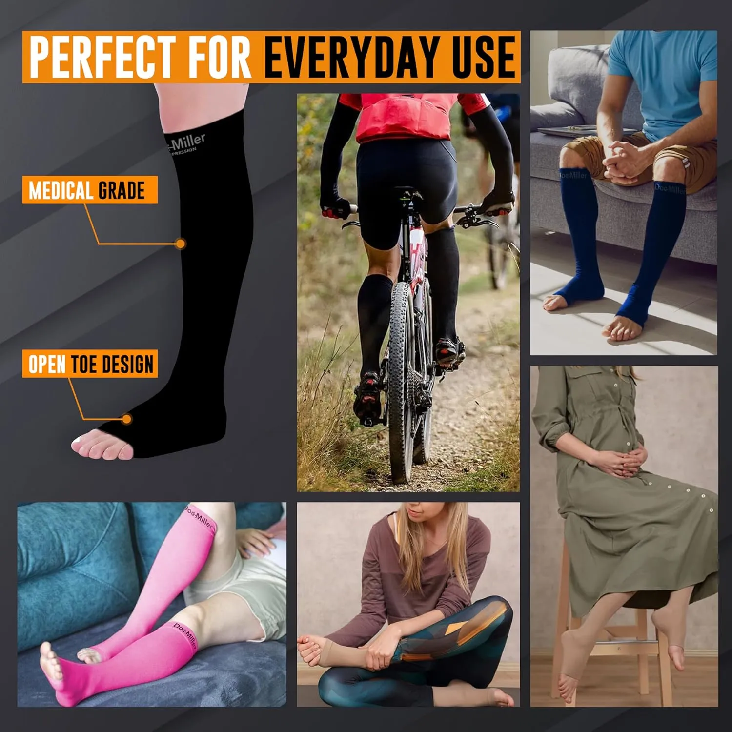 Doc Miller Open Toe Compression Socks for Men and Women, 15-20 mmHg, Calf Recovery, Medical Grade, Black Socks, Medium