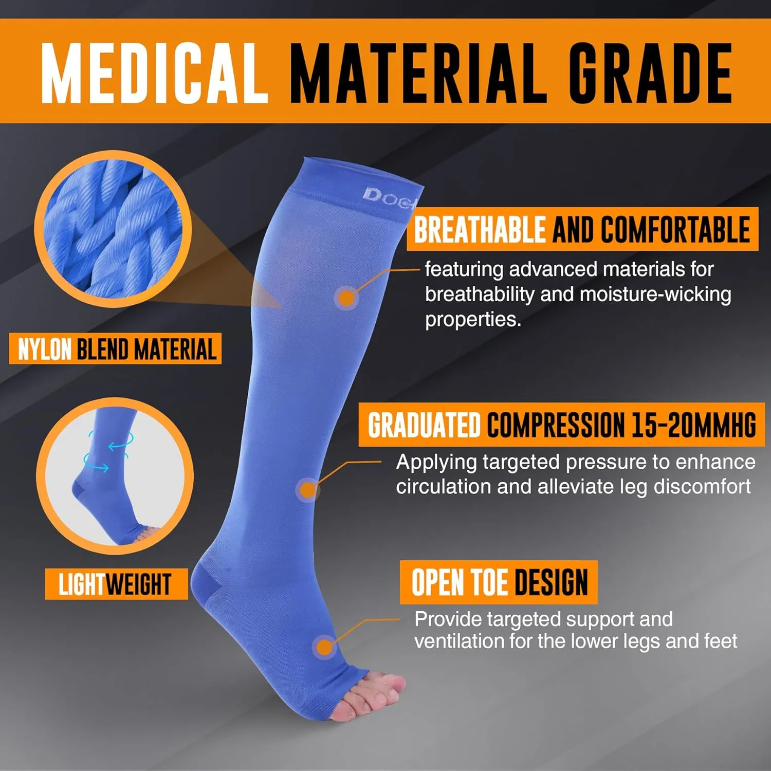 Doc Miller Open Toe Compression Socks for Men and Women, 15-20 mmHg, Calf Recovery, Medical Grade, Blue Socks, X-Large
