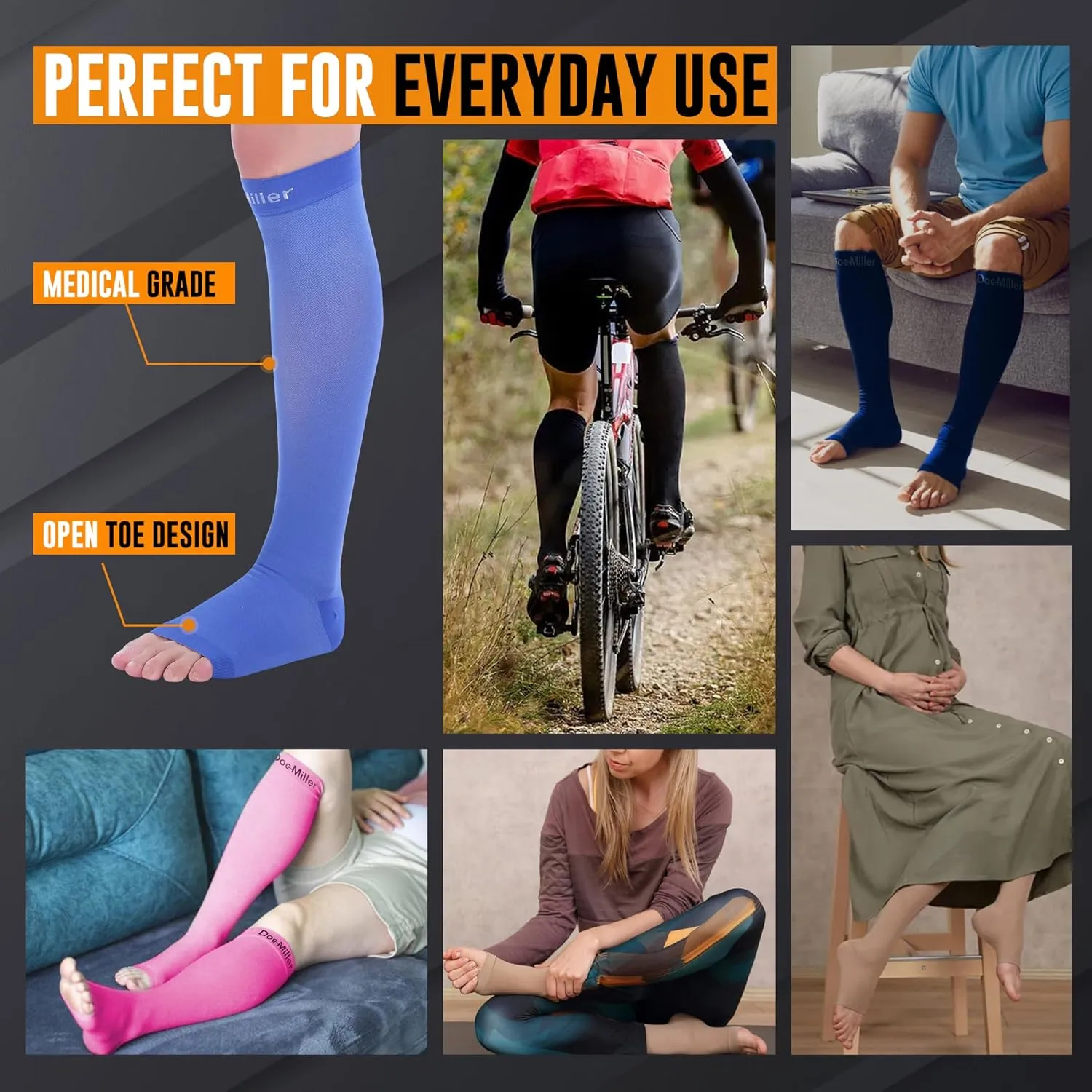 Doc Miller Open Toe Compression Socks for Men and Women, 15-20 mmHg, Calf Recovery, Medical Grade, Blue Socks, X-Large