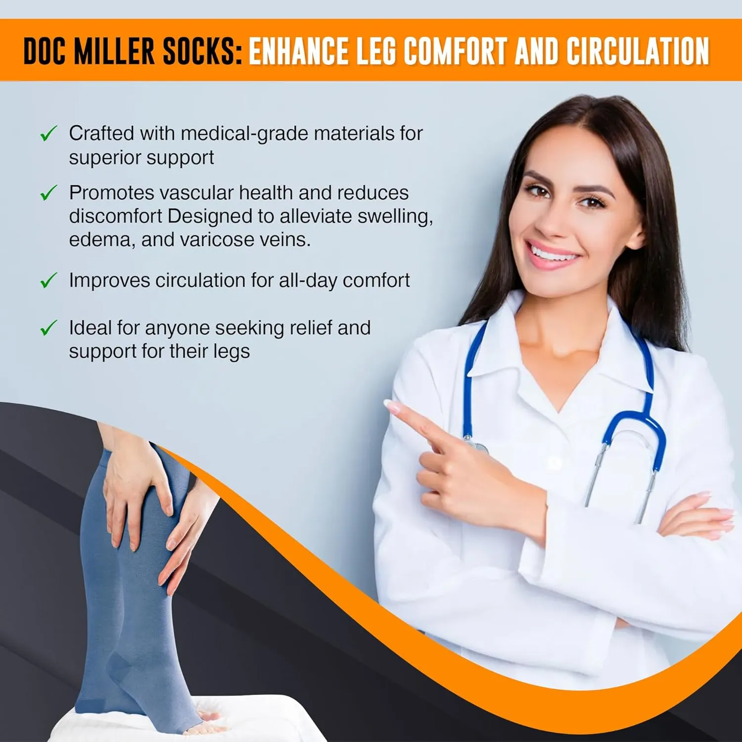 Doc Miller Open Toe Compression Socks for Men and Women, 15-20 mmHg, Calf Recovery, Medical Grade, Blue Socks, X-Large