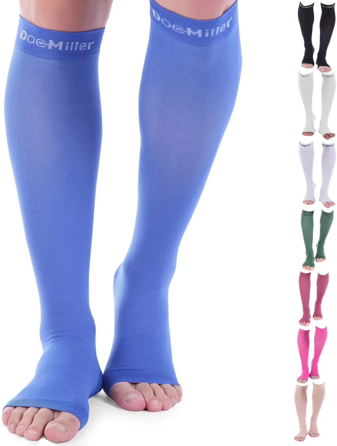 Doc Miller Open Toe Compression Socks for Men and Women, 15-20 mmHg, Calf Recovery, Medical Grade, Blue Socks, X-Large
