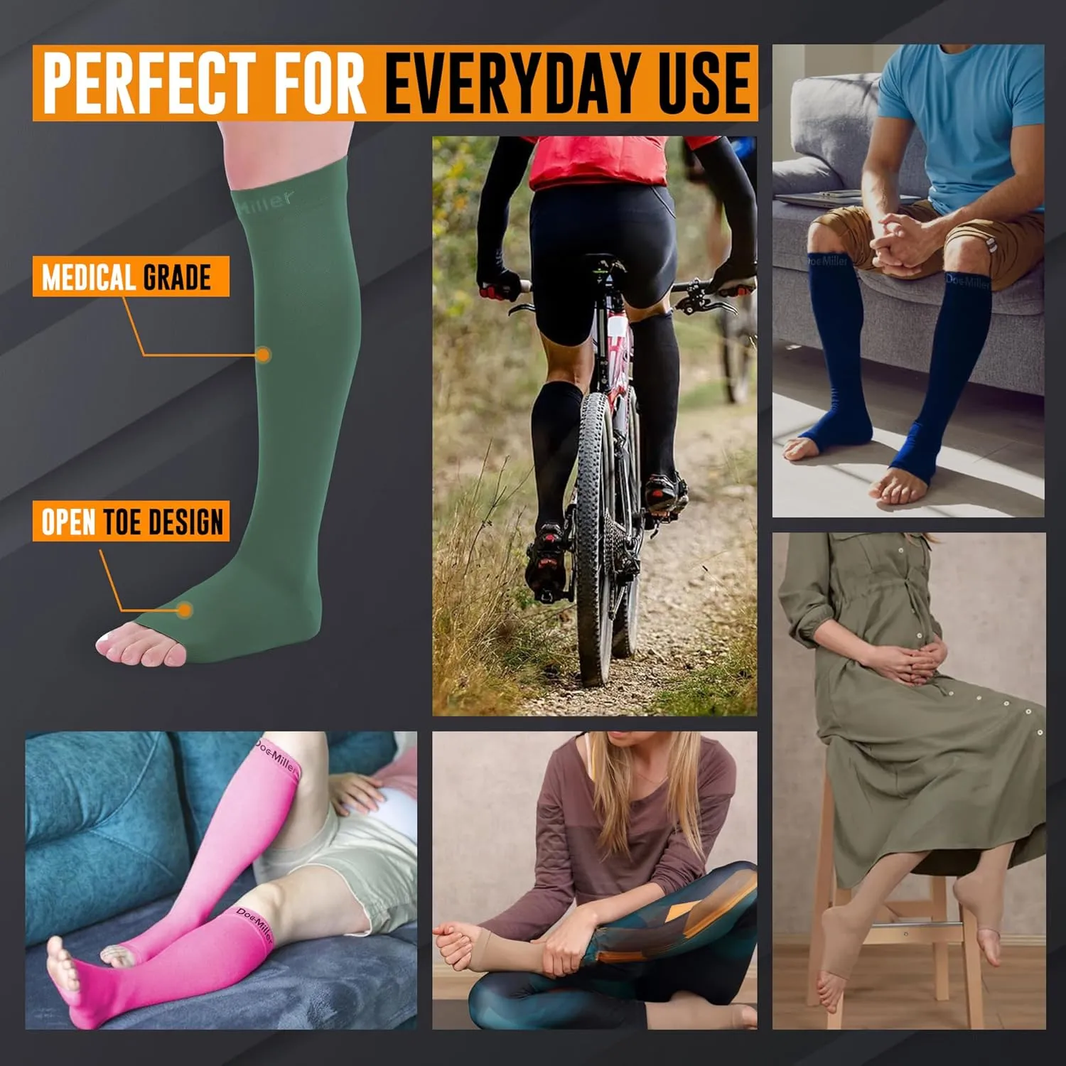 Doc Miller Open Toe Compression Socks for Men and Women, 15-20 mmHg, Calf Recovery, Medical Grade, Dark Green Socks, X-Large