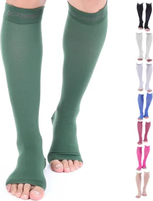 Doc Miller Open Toe Compression Socks for Men and Women, 15-20 mmHg, Calf Recovery, Medical Grade, Dark Green Socks, X-Large