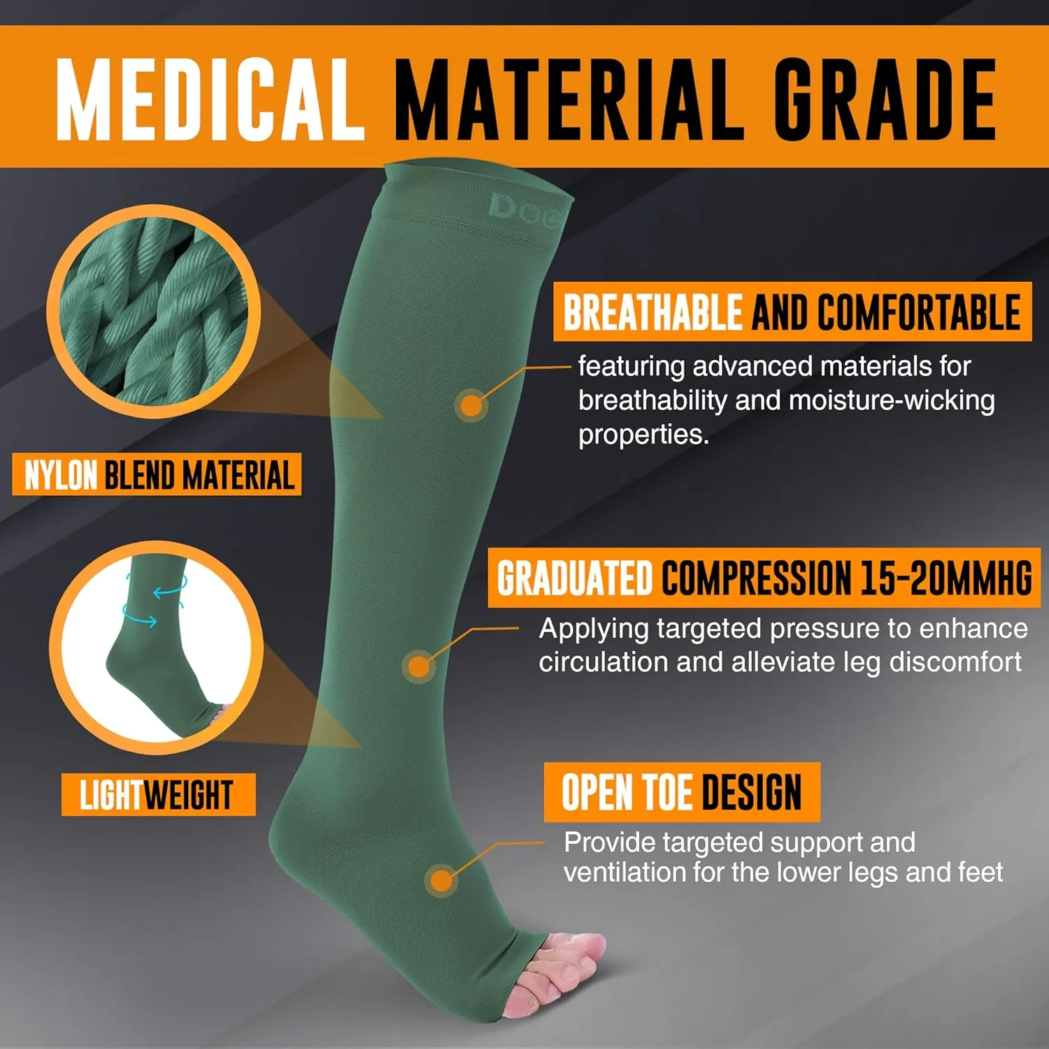 Doc Miller Open Toe Compression Socks for Men and Women, 15-20 mmHg, Calf Recovery, Medical Grade, Dark Green Socks, X-Large